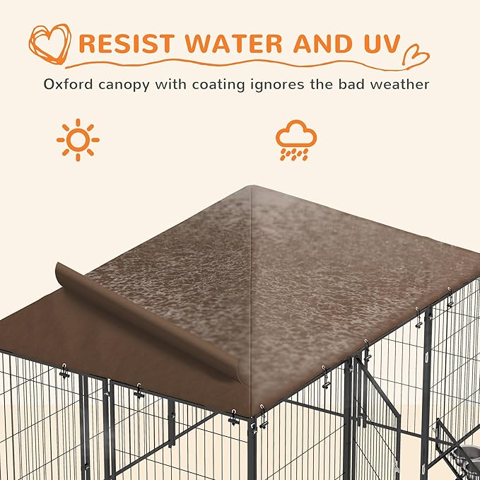 PawHut Outside Dog Kennel, 6.9' x 4.6' x 5' Puppy Play Pen with Canopy, Garden Playpen Fence Crate Enclosure Cage Rotating Bowl, for Dogs, Chickens, Ducks, Black