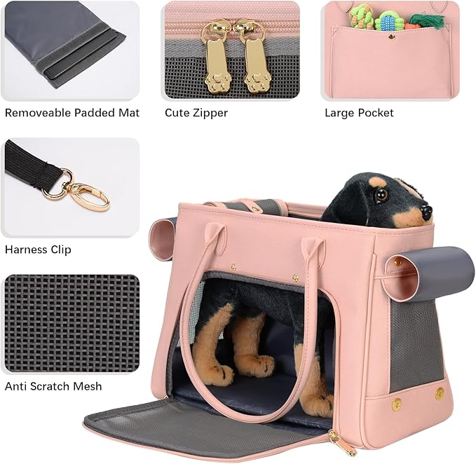 Minsong Fashion Pet Carrier Purse for Small Cat and Dog, Luxury Pu Soft-Sided Tote Bag with Large Pockets for Dogs and Puppies (Pink, 15.8" L x 7.5" W x 11.8" H)