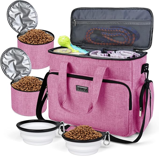 BAGLHER Dog Travel Bag, Pet Travel Bag (ALL Pet Travel Supplies), With 2 Pet Food Containers and 2 Collapsible Silicone Bowls; Essential Kits for Pet Travel Pink