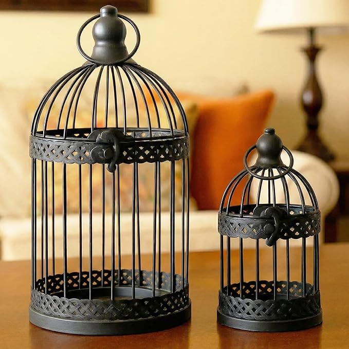 VELA LANTERNS Bird Cage Decor Candle Holder Lantern Decorative Table Centerpiece Halloween Decorations, 10" and 6" Tall, Black, Set of 2