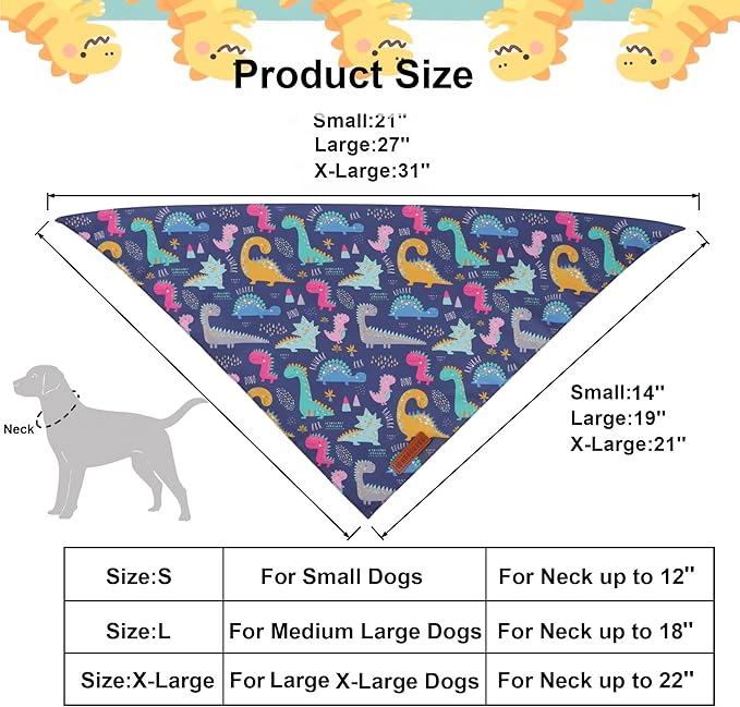 ADOGGYGO Dinosaur Dog Bandanas 2 Pack, Reversible Colorful Animal Pet Scarf, Premium Fabric, Adjustable Fit Yellow Blue Dinosaur Bandanas for Medium Large Dogs (Large)