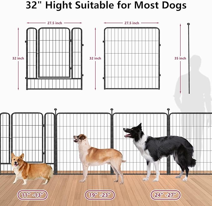 Dog Playpen 32 inch 16 Panels Indoor Outdoor Dog Pen for Medium/Small Dogs Heavy Duty Metal Dog Fence Outdoor for Yard, Puppy Playpen with Door Portable Pet Fence for RV Camping Yard