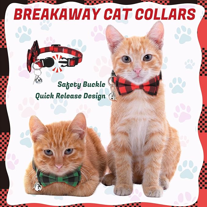 6 Pack Breakaway Cat Collars with Bow Tie and Bell Classic Plaid Kitten Cat Collars Adjustable Cat Bowtie Collar with Pendants for Girl Boy Kitten Cats