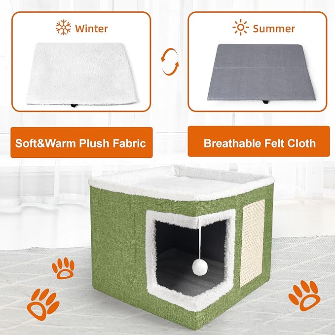 Cat Houses for Indoor Cats - Large Cat Bed Cave with Scratch Pad and Fluffy Ball, Foldable Cat Condo Hideaway with Reversible Cushion for Multi Small Pet, Green