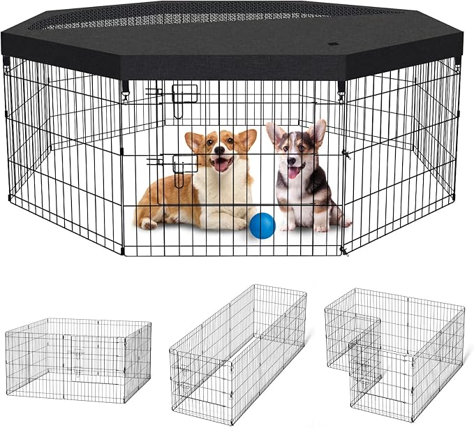 Dog Pen Pet Playpen Dog Fence Indoor Foldable Metal Wire Exercise Puppy Play Yard Pet Enclosure Indoor Outdoor 8 Panels 24 Inch with Bottom Pad/Top Cover (Black with top Cover)