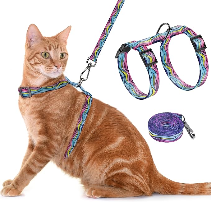 Cat Harness and Leash Set, Adjustable Kitten Harness Escape Proof Cats Harness, Soft Lightweight Walking Travel Pet Harness, Cute Kitty Harness Leash Set for Small Medium Cats, Colourful Waves