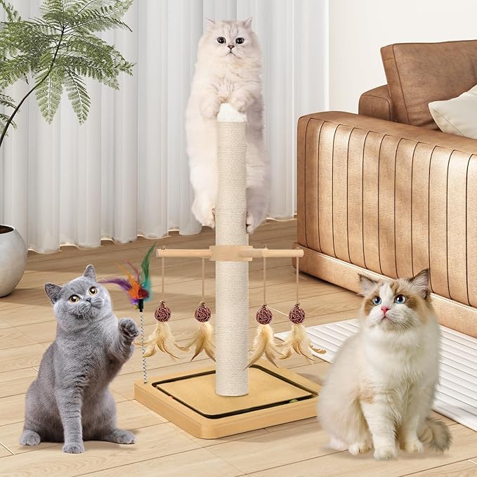 Tall Cat Scratching Post, Sisal, 33 Inches, Large Scratcher Tree Tower for Indoor Cats Adults with Hanging and Ball Track, 2 Mounting Methods Interactive Furniture Toys for All Ages