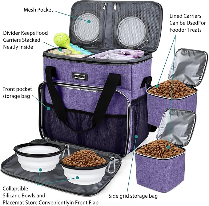 BAGLHER Dog Travel Bag, Pet Travel Bag (ALL Pet Travel Supplies), With 2 Pet Food Containers and 2 Collapsible Silicone Bowls; Essential Kits for Pet Travel Purple