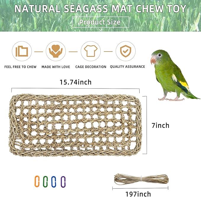 Bird Seagrass Mat 16 × 7" Parrot Natural Grass Woven Net Hammock Parakeet Climbing Rope Ladder Mat Chew Toys Cage Accessories for Pigeon Cockatiel Conure Budgie Cockatoo Rat Hamster