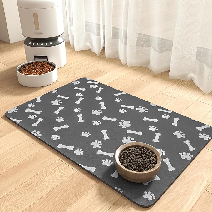 MontVoo Dog Food Mat-Pet Feeding Mat for Food and Water-No Stains Quick Dry Dispenser Cat Bowl Mat for Messy Drinkers(17"x28", Dark Grey)