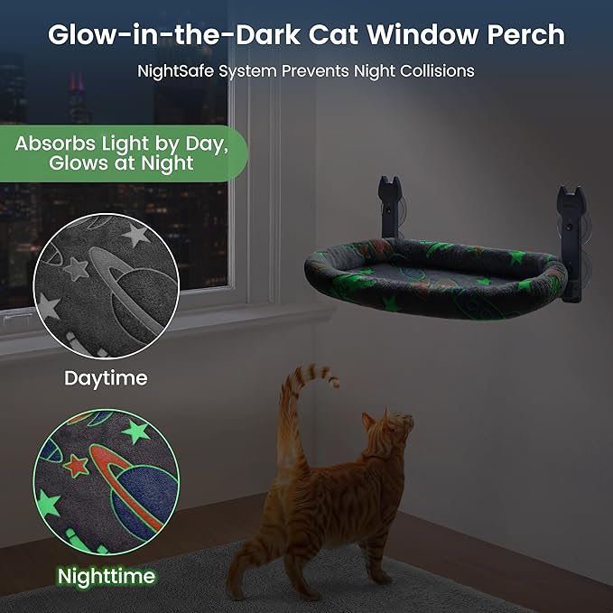 Cat Window Perch, Glow in The Dark Foldable Cat Hammock with Cozy Pad Bed, Breathable Cordless Window Seat with Stud Metal Frame for Large Cats and Kitten (Cushion Bed, 1 Pack - M)