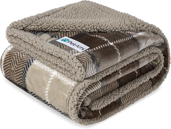 PetAmi Waterproof Dog Blanket for Medium Large XL Dog Puppy Cat Throw for Couch Cover Leakproof Protection, Sherpa Fleece, Reversible Soft Washable 80x60 Plaid Taupe