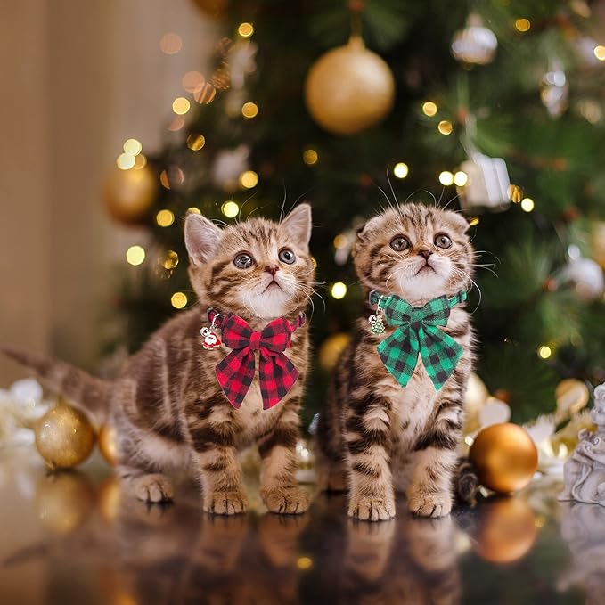 ADOGGYGO Christmas Cat Collars Breakaway with Bowtie, 2 Pack Red Green Plaid Xmas Kitten Collar with Removable Bow Bell Christmas Collar for Cats Kittens