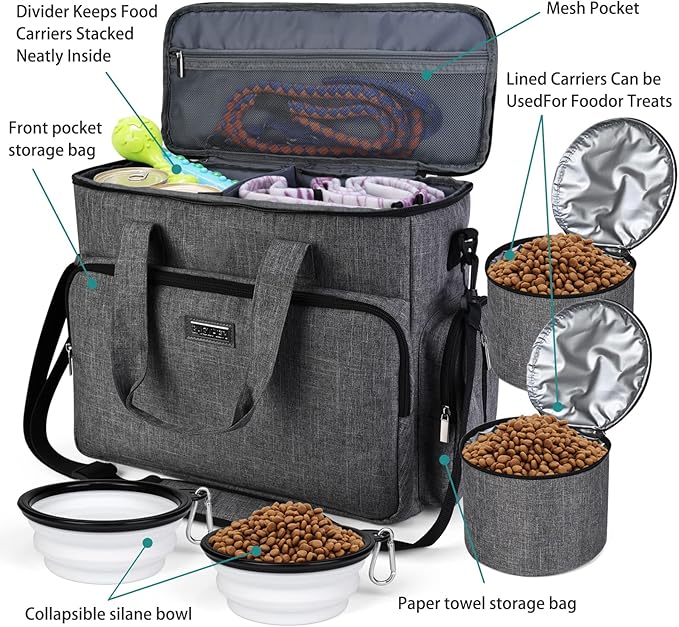 BAGLHER Dog Travel Bag, Airline Approved Pet Tote Organizer with Multi-Function Pockets, 2 X Food Storage Containers and 2 X Collapsible Bowls, Perfect Weekend Pet Travel Set for Dog, Cat Grey
