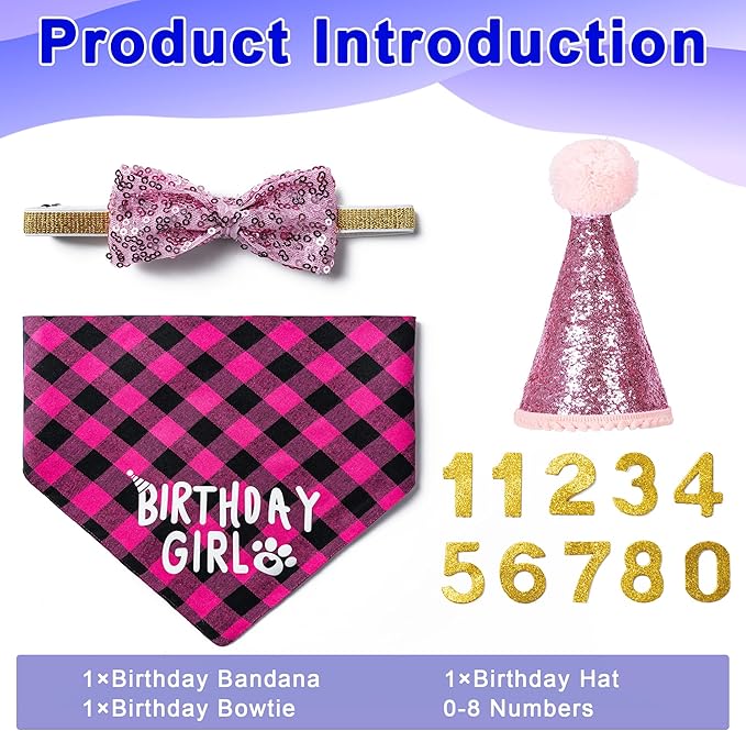 Dog Birthday Party Supplies, Dog Birthday Decorations with Birthday Girl Dog Bandanas/Dog Cat Birthday Hat/Dog Bow Tie/Collar with 0-8 Numbers, for Medium Small Dogs Pets (X-Large, Pink)