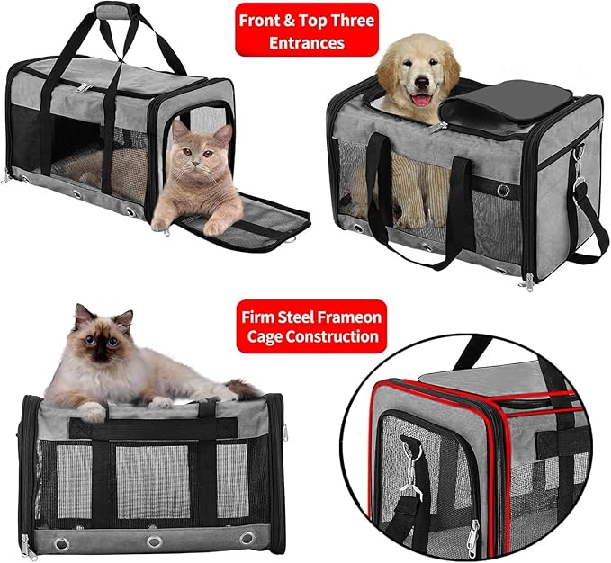 Soft Sided Cat/Dog Carrier,Collapsible Pets Travel Carriers for Pet/Puppy with Shoulder Strap & Removable Mat,Mesh Top Load Small Dogs/Cats Carry Bag Up to 17 Lbs TSA Airline Approved（Grey,M）