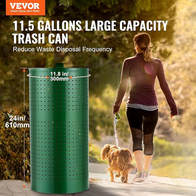 VEVOR Dog Poop Trash Can With 50 Liner Bags, 11.5 Gallons Outdoor Waste Bin With Lid & Liner Clip for Pet Waste Station, Disposal Container for Garden Backyard Park