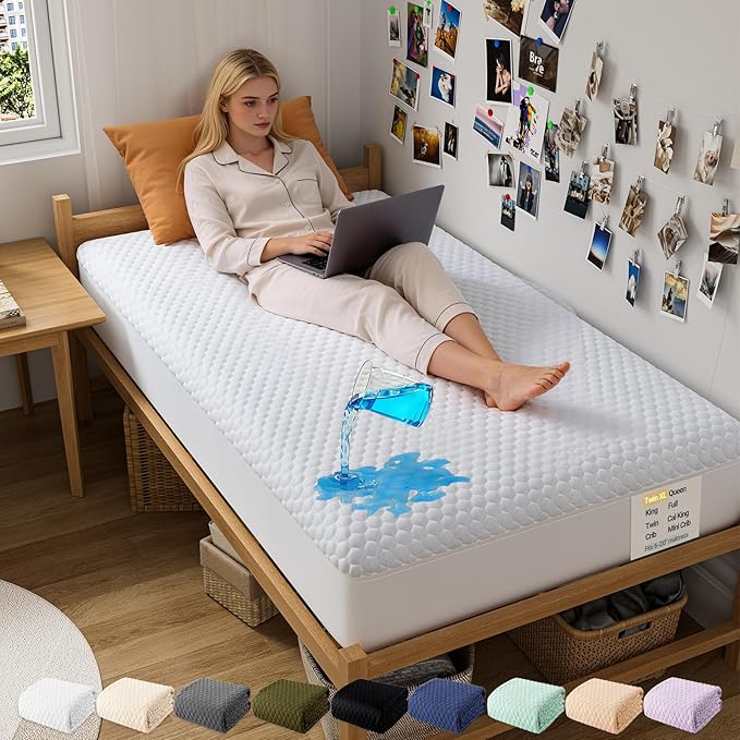 OhGeni 100% Waterproof Mattress Protector,Twin XL Size Mattress Soft Pad,Pet Hair & Bedwetting Resistant,Cooling Fitted Sheets,Washable Bed Cover,Non-Slip Deep Pocket,Noiseless for College Dorm Rooms