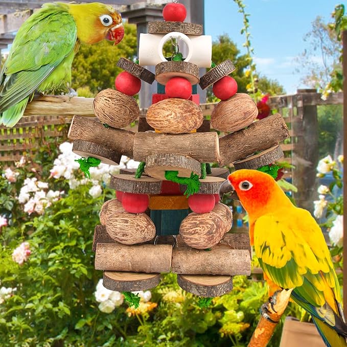Kyouki Large Parrot Toy, Bird Toys for Cockatoos,Macaws, African Grey, Amazon Parrots,Conures, Lovebirds, Multicolored Natural Wooden Blocks Chewing Toys Bird Cage Accessories (Natural)