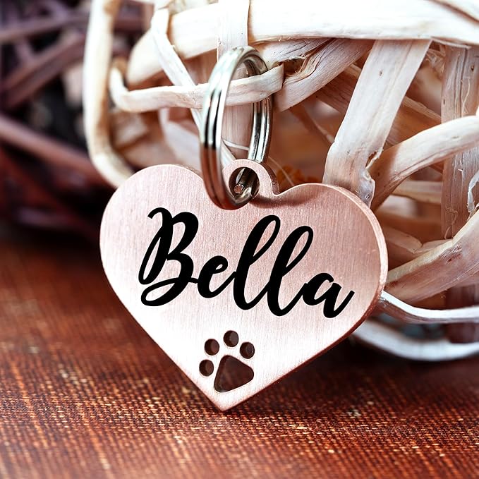Ultra Joys Dog Tags Personalized for Pets - Hollow Paw Custom Pet ID Tag - Engraved Dog Tag for Small, Large Dogs - Small Heart in Rose