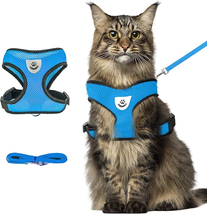 shudyear Summer cat Chest Harness and Leash, Anti-Escape Adjustable Soft mesh cat Leash and Chest Harness Set for All Types of Cats cat Vests(Size XL, Sky Blue)