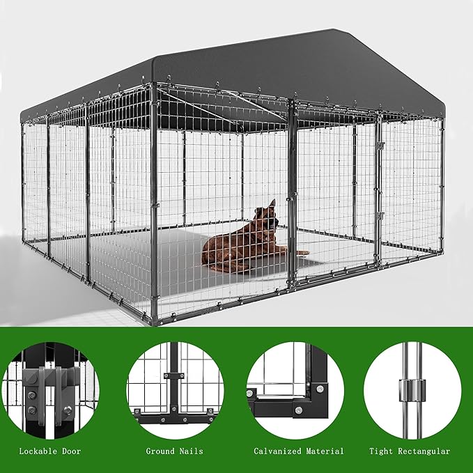 Dog Kennel Outdoor, 10x10x6 FT Heavy Duty Dog Pens Outside with UV & Water Resistant Roof, Large Dog Fence for Yard Metal Chicken Run with Double Locks