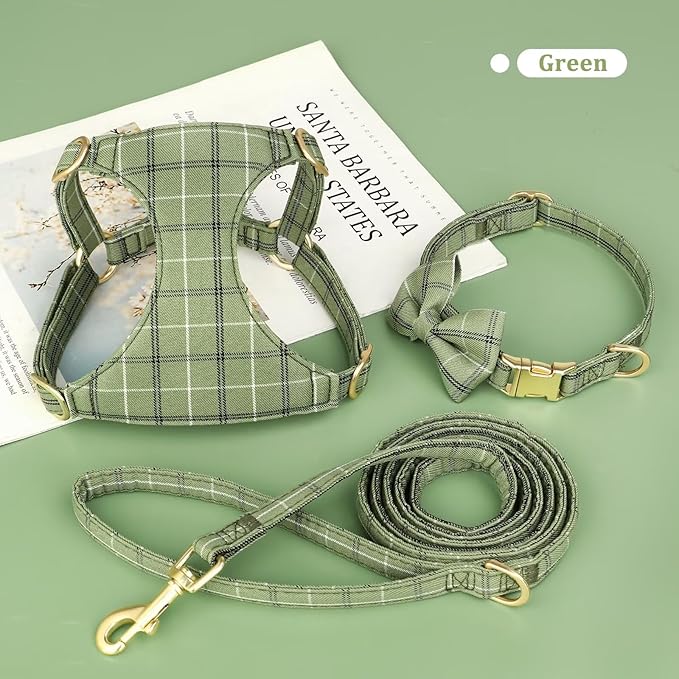 Beirui Cute Extra Small Dog Harness Collar and Leash Set with Bowtie, Soft Adjustable Plaid Puppy Harness for Small Sized Dogs Cats Walks Parties and Photoshoots(Green,XXS:Chest 12-14")