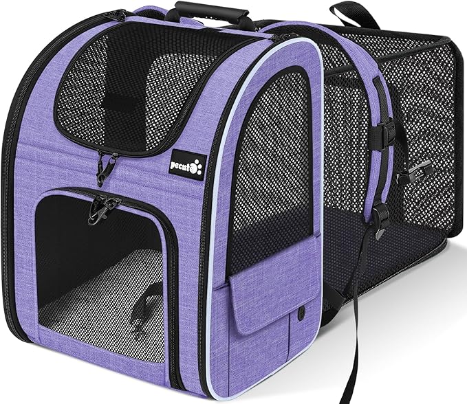 Pecute Cat Backpack Carrier Expandable, Pet Backpack for Cats & Small Dogs Up to 11lbs, with 4-Side Breathable Mesh, Multi-Entry & Lockable Zippers for Travel, Hiking, Camping - Hands Free, Purple