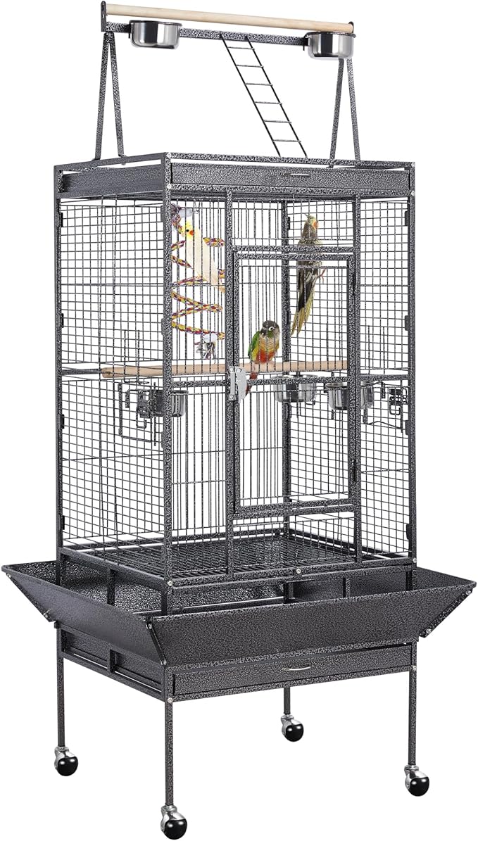Yaheetech 69-inch Wrought Iron Rolling Large Parrot Bird Cage for African Grey Small Quaker Amazon Cockatiel Sun Parakeet Green Cheek Conure Dove Lovebird Budgie Play Top with Stand
