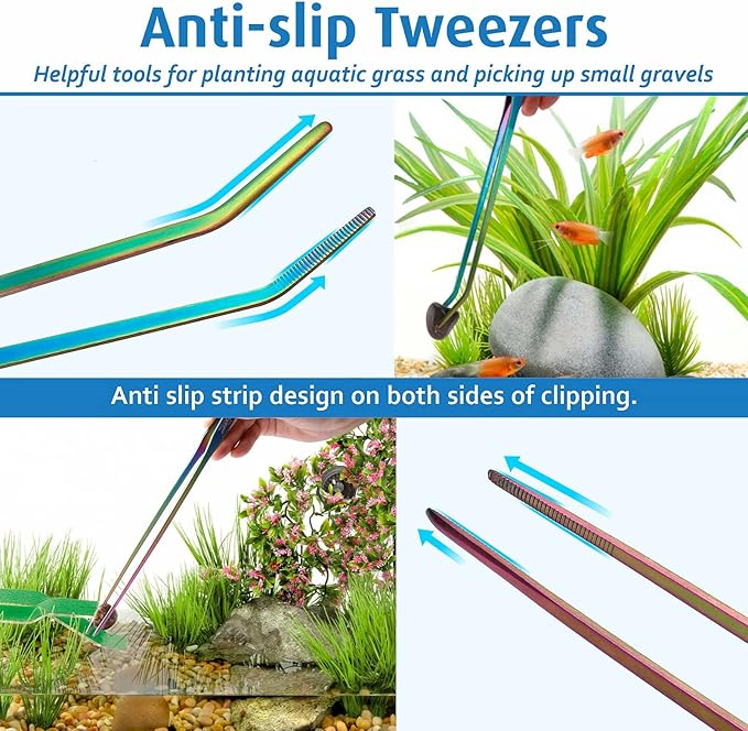 hygger 6-in-1 Long Aquarium Aquascaping Tools Kit, Color Stainless Steel Premium Aquatic Plant Tweezers Scissors Spatula Kit Comes with 1 Tool Holder and 1 Cleaning Cloth, for Fish Tank Starters