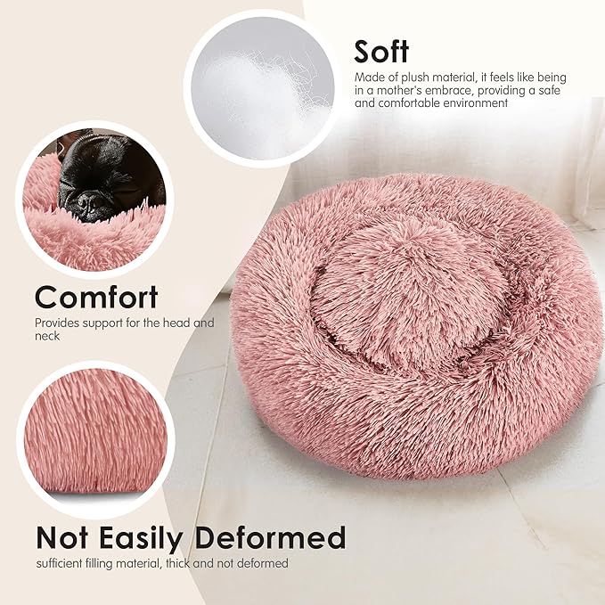 Hoewina Dog & Cat Bed, 20in Cat Beds for Indoor Cats, Calming Donut Bed for Puppy and Kitten, Washable Round Fluffy Pet Bed for Small Medium Dogs and Cats (Pink)