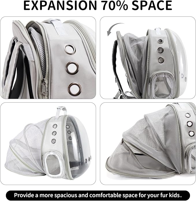 Cat Backpack Carrier, Back Expandable Pet Backpack with Bubble Window, Airline Approved Pet Travel Bag for Small/Medium Cats & Puppies, Hiking, Camping, Outdoor Use (Grey)