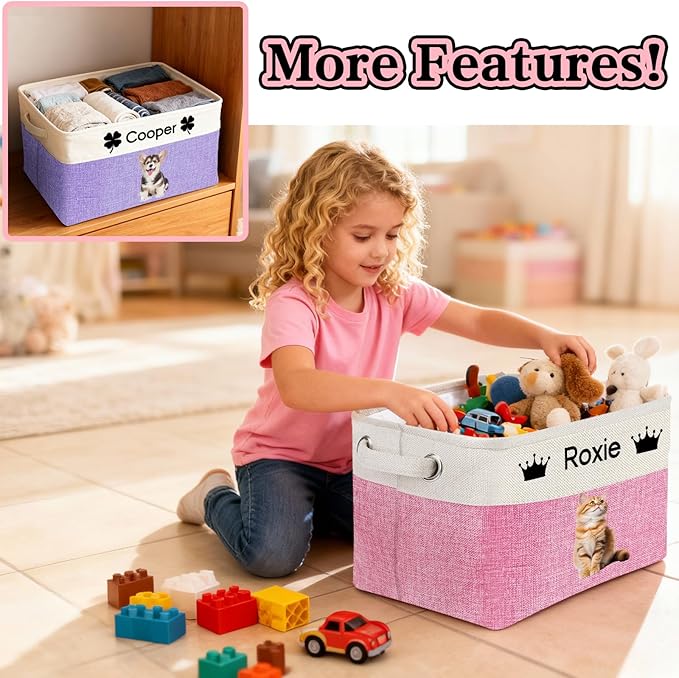 Personalized Dog Toy Storage Basket Custom Dog Name Photo Cat Pet's Gift Baskets Collapsible Organizer Box Foldable Storage Basket with Handle for Toys, Coats, Clothing, Blankets, Grey
