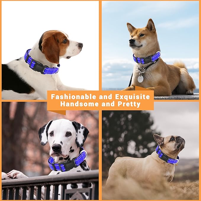2 Pack Reflective Dog Collar with Safety Locking Buckle, Adjustable Soft Breathable Comfortable Nylon Pet Collar for Small, Medium and Large Dogs, Navyblue, XL