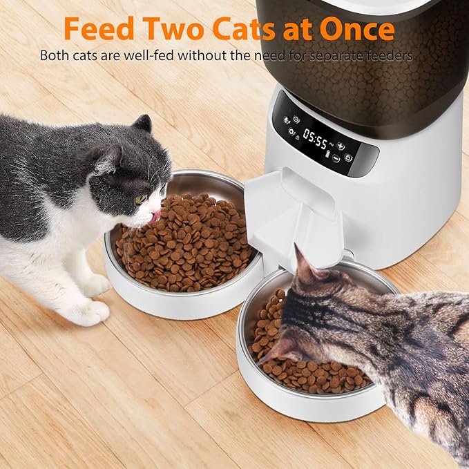 Automatic Cat Feeder and Water Fountain, 5L/20 Cups Timed Cat Dry Food Dispenser, 10s Meal Call, 20 Portions 6 Meals Per Day, 2L Cats Fountains for Drinking with Filter, Pet Feeder for Dog White