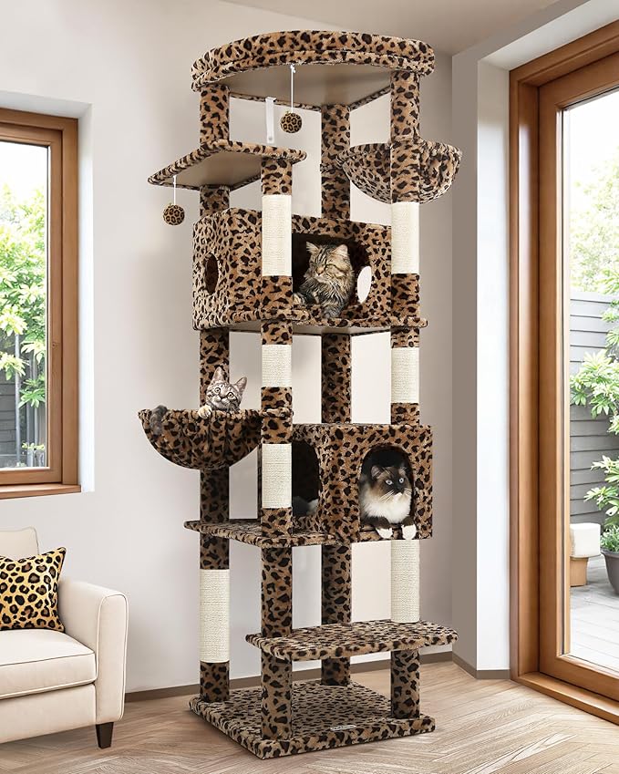 Globlazer Heavy Duty Cat Tree, 74inch Sturdy Cat Tower for Large Cats Adult, Big Cat Tree with 7 Sisal Scratching Posts, 2 Padded Cat Condos, 2 Hanging Baskets, Enlarged Top Perch, S74, Leopard Print