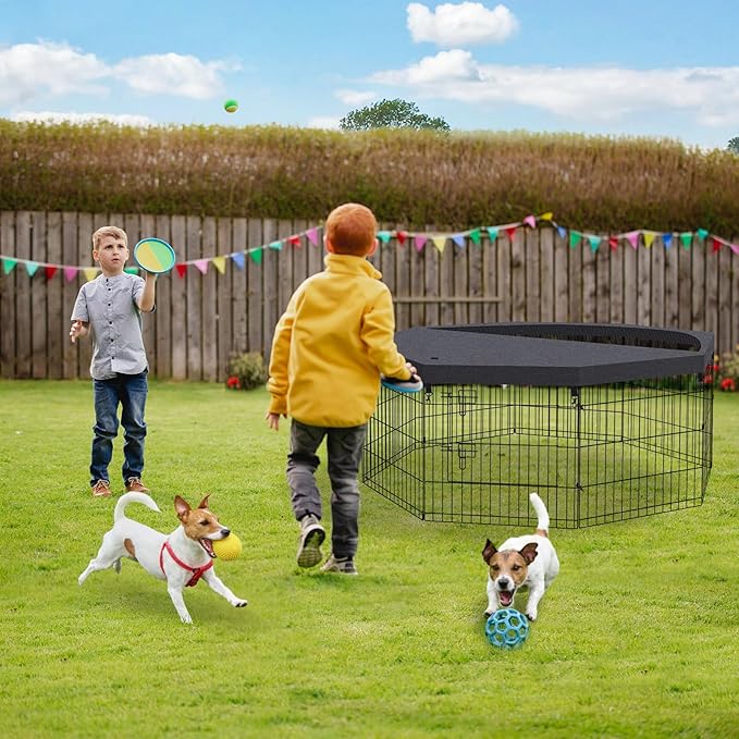 Dog Pen Pet Playpen Dog Fence Indoor Foldable Metal Wire Exercise Puppy Play Yard Pet Enclosure Indoor Outdoor 8 Panels 24 Inch with Bottom Pad/Top Cover (Black with top Cover)