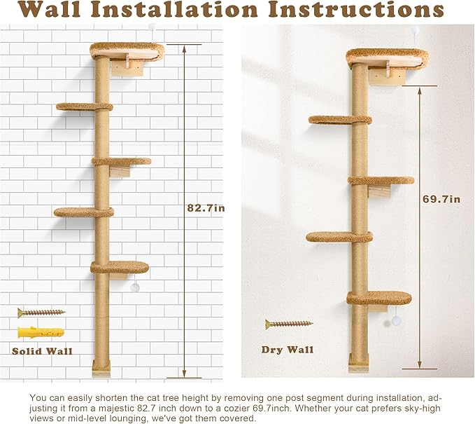 5-Tier Tall Cat Tree for Kittens, Floor to Ceiling Wall Mounted Cat Wall Shelves with Brown Plush Pads, Adjustable Wild Simulation Cat Tower for Climbing, Scratching & Lookout