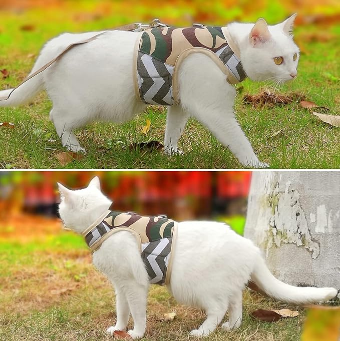 Cat Harness and Leash Set for Walking Escape Proof, Adjustable Cat Vest Harness, Padded Stylish Cat Walking Jackets, Camo Green, Medium
