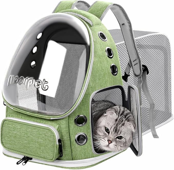 Breathable Cat Bubble Backpack Large Space Pet Carrier Backpack Expandable for Kitty Dog, Foldable Airline Approved Cat Backpack, Transparent PetTravel Backpack Up to 20 lbs (Green) (Green)
