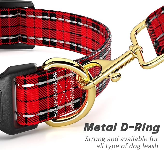 Reflective Dog Collar for Large Dogs, Cute Boho Adjustable Heavy-Duty Nylon Puppy Collar for Boy and Girl Female, Soft Pet Accessories with Quick Release Buckle, Black Red Tartan