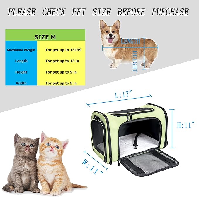 Soft Sided Carrier for Small Medium Cats Dogs,TSA Airline Approved Collapsible Travel Pet Carrier Medium Green