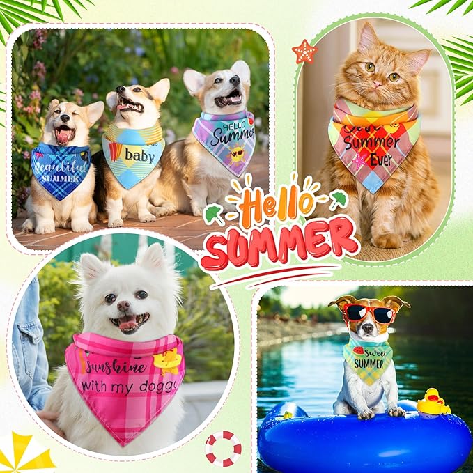 Sweetude 100 Pcs Summer Plaid Dog Bandana Bulk with Sayings Hawaii Bandana Pet Scarf Triangle Bibs Washable Puppy Kerchief Adjustable Grooming Supplies for Small Medium Large Dog Cat Accessories