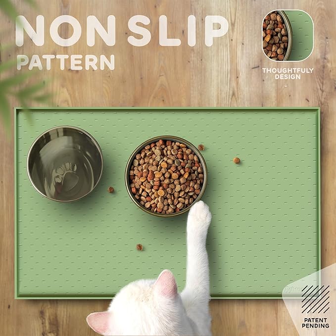 Dog Food Mat - 24x15 Raised Edges Dogs Mat for Food and Water Prevent Spill, Waterproof Cat Food Mats Protect Floors, Easy Clean Dog Bowl Mats for Food and Water, Silicone Pet Feeding Placemats Green