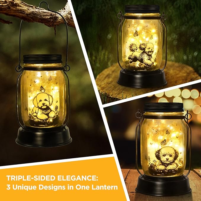 kyoryuger Bichon Dog Gifts for Women/Men Bichon Frise Solar Lanterns Birthday Dog Lovers Lantern Pet Loss Dog Memorial Lights Solar Garden Decoration for Yard, Patio,Backyard,Porch Torches Light