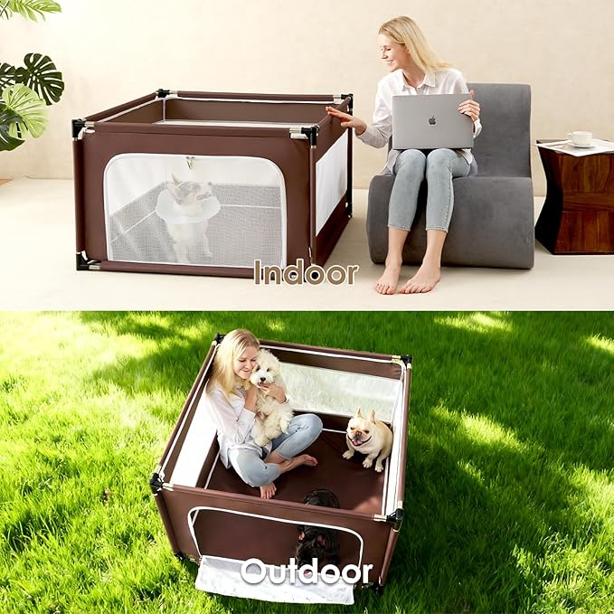 EHEYCIGA 42x42x26 Inches Puppy Playpen Without Top Cover for Dogs & Cats Indoor or Outdoor - Dog Playpen with Door, Dog Fence for Small Animal with Heavy-Duty Oxford & Steel Frame, Brown