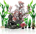 Fish Tank Decorations Plants with Resin Cave Rock View, 9pcs Aquarium Decorations Plants Plastic,Fish Tank Accessories, Fish Cave and Hideout Ornaments, Aquarium Decor