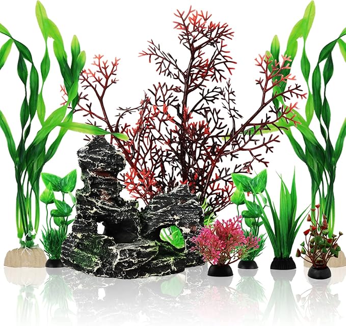 Fish Tank Decorations Plants with Resin Cave Rock View, 9pcs Aquarium Decorations Plants Plastic,Fish Tank Accessories, Fish Cave and Hideout Ornaments, Aquarium Decor