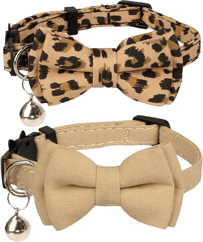 Collar for Cat Pet Breakaway with Bell Bowtie Detachable Bow Adjustable Safety Kitten Puppy Girl Boy 2pcs Beige Leopard & Pure