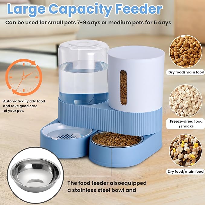 2 Pack Automatic Cat Feeder Stainless Steel Water Dispenser Gravity Food Feeder and Waterer Set with Pet Food Bowl for Small Medium Kitten Puppy Pets Large Capacity(Blue)